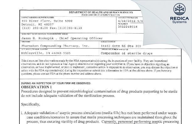 FDA 483 - Pharmakon Compounding Pharmacy, Inc. [Noblesville / United States of America] - Download PDF - Redica Systems