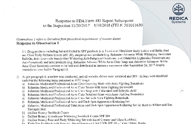 FDA 483 Response - Flawless Beauty LLC [Ocean / United States of America] - Download PDF - Redica Systems