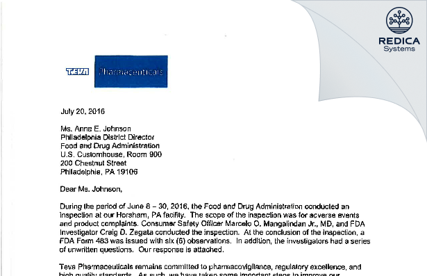 FDA 483 Response - Teva Branded Pharmaceutical Products R&D [Horsham / United States of America] - Download PDF - Redica Systems