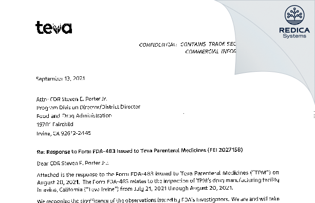 FDA 483 Response - Teva Parenteral Medicines, Inc. [Irvine / United States of America] - Download PDF - Redica Systems