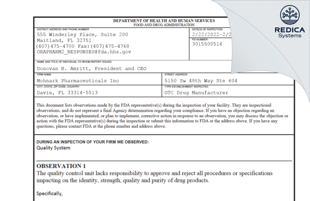 FDA 483 - MOHNARK PHARMACEUTICALS INC. [Florida / United States of America] - Download PDF - Redica Systems