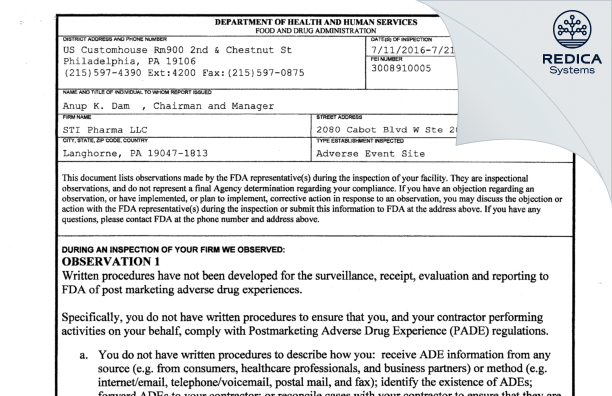 FDA 483 - STI Pharma LLC [Newtown / United States of America] - Download PDF - Redica Systems