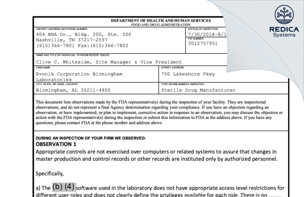 FDA 483 - Evonik Corporation [Birmingham / United States of America] - Download PDF - Redica Systems