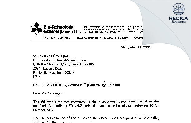 FDA 483 Response - Bio-Technology General, Ltd. [Rehovot / Israel] - Download PDF - Redica Systems