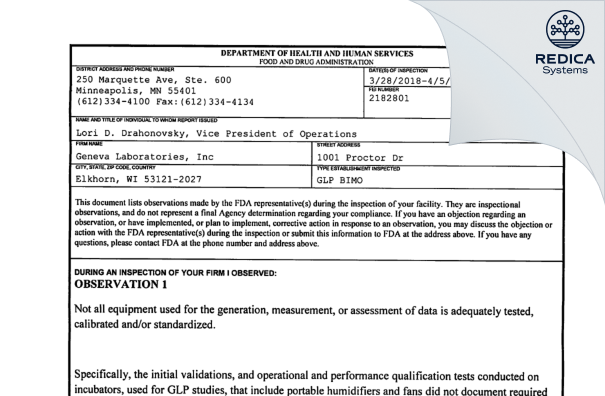 FDA 483 - Geneva Laboratories, Inc. [Elkhorn / United States of America] - Download PDF - Redica Systems