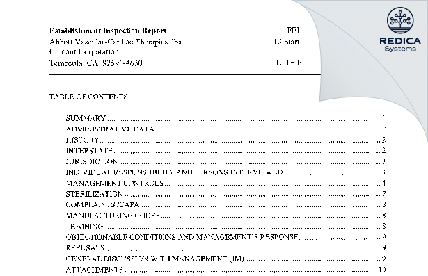 EIR - Abbott Vascular [Temecula / United States of America] - Download PDF - Redica Systems