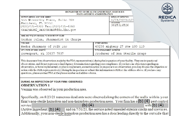 FDA 483 - Medoz Pharmacy of Polk Inc [Davenport / United States of America] - Download PDF - Redica Systems