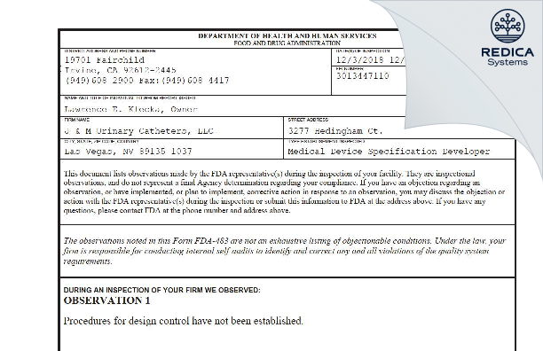FDA 483 - J & M Urinary Catheters, LLC [Las Vegas / United States of America] - Download PDF - Redica Systems