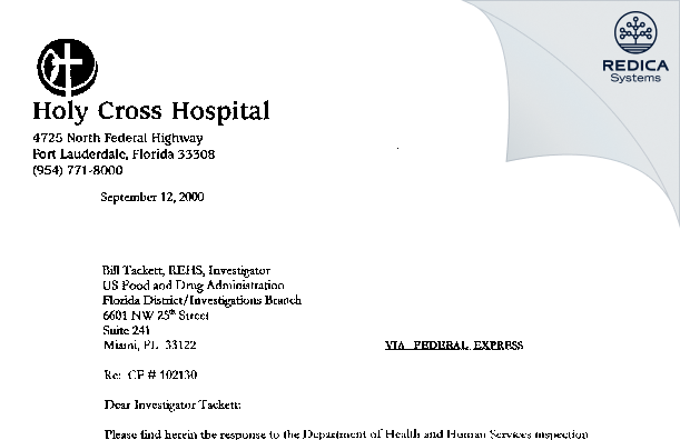 FDA 483 Response - Holy Cross Hospital - IRB [Ft Lauderdale / United States of America] - Download PDF - Redica Systems