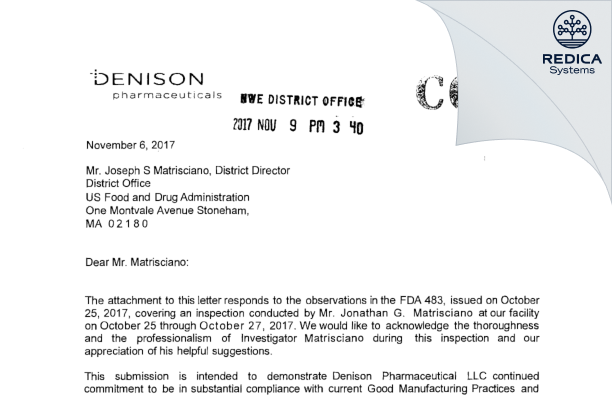 FDA 483 Response - Denison Pharmaceuticals, LLC [Lincoln / United States of America] - Download PDF - Redica Systems