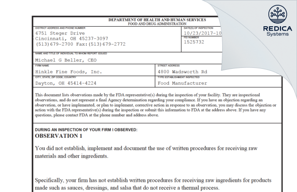 FDA 483 - Hinkle Fine Foods, Inc. [Dayton / United States of America] - Download PDF - Redica Systems