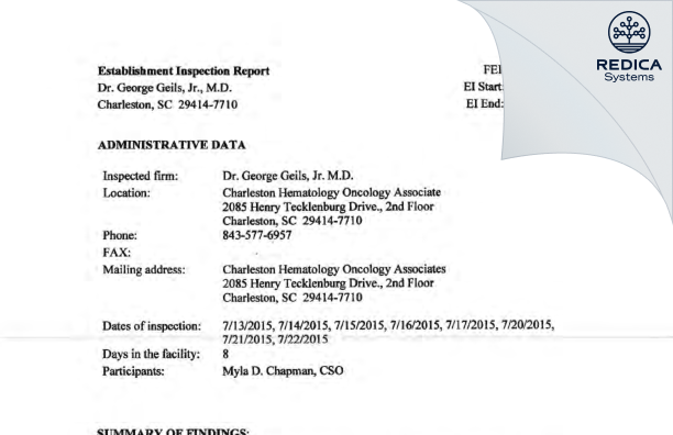 EIR - George Geils, Jr. M.D. [Charleston / United States of America] - Download PDF - Redica Systems