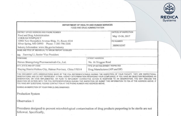 FDA 483 - Hainan Shuangcheng Pharmaceuticals Co., Ltd. [China / China] - Download PDF - Redica Systems