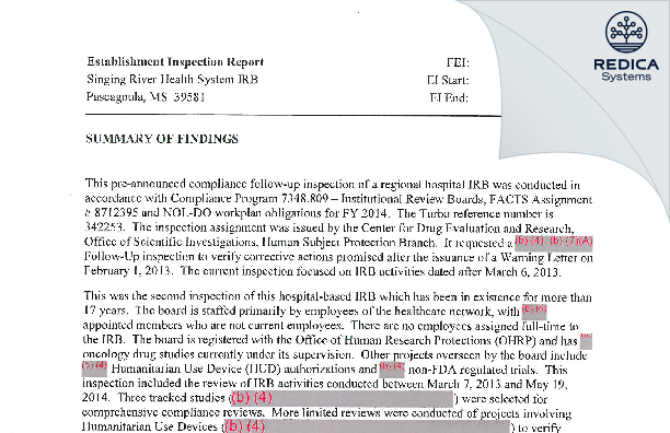 EIR - Singing River Health System IRB [Pascagoula / United States of America] - Download PDF - Redica Systems