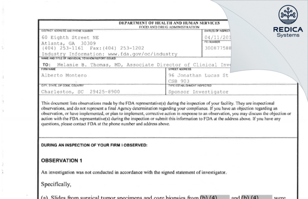 FDA 483 - Alberto J Montero MD [Cleveland / United States of America] - Download PDF - Redica Systems