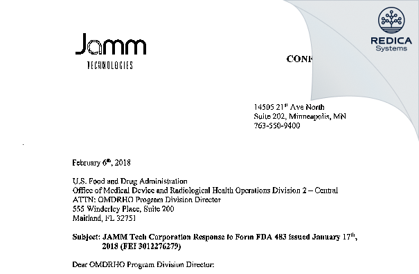 FDA 483 Response - JAMM Technologies Inc [Plymouth / United States of America] - Download PDF - Redica Systems
