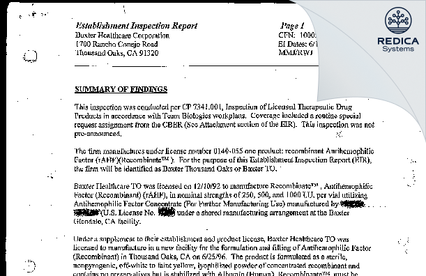 EIR - BAXALTA US INC. [Thousand Oaks / United States of America] - Download PDF - Redica Systems