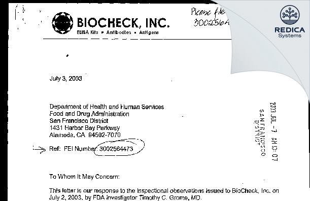 FDA 483 Response - BioCheck, Inc. [South San Francisco / United States of America] - Download PDF - Redica Systems