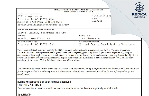 FDA 483 - Standard Textile Co Inc [Cincinnati / United States of America] - Download PDF - Redica Systems