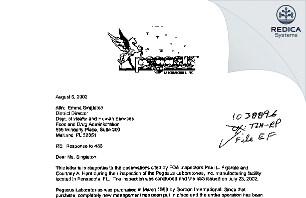 FDA 483 Response - Pegasus Laboratories, Inc. [Pensacola / United States of America] - Download PDF - Redica Systems