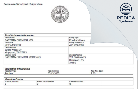 EIR - Eastman Chemical Company [Kingsport / United States of America] - Download PDF - Redica Systems