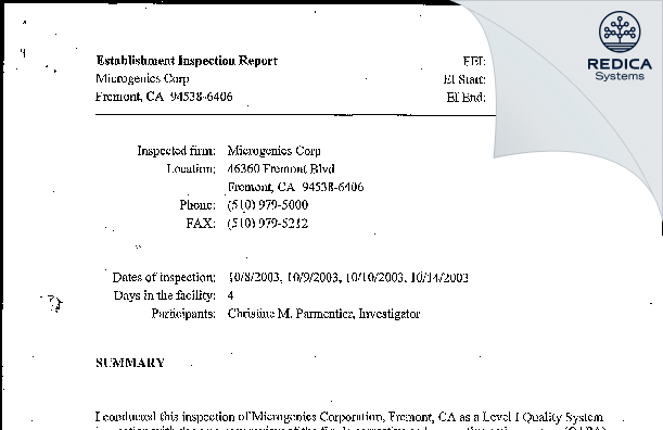 EIR - Microgenics Corp [Fremont / United States of America] - Download PDF - Redica Systems