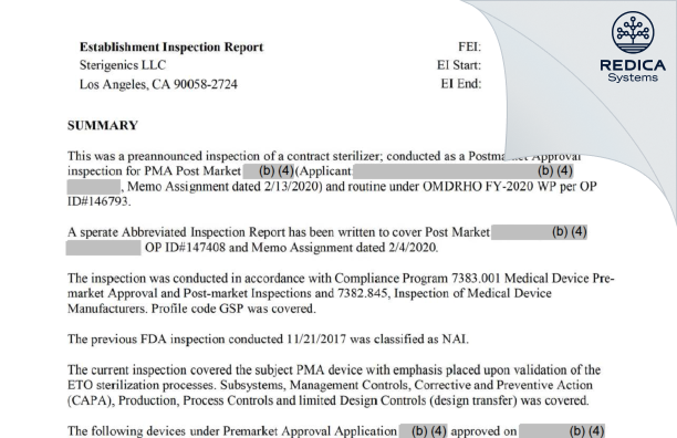 EIR - Sterigenics U.S., LLC [Los Angeles / United States of America] - Download PDF - Redica Systems