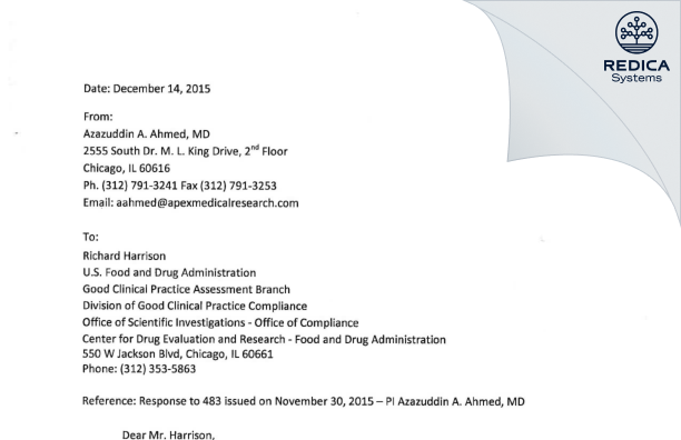 FDA 483 Response - Azazuddin A. Ahmed, MD [Chicago / United States of America] - Download PDF - Redica Systems