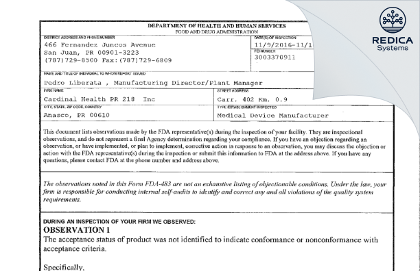 FDA 483 - Cardinal Health PR 218 Inc [Anasco / United States of America] - Download PDF - Redica Systems