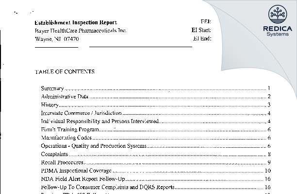 EIR - Bayer HealthCare LLC [Morristown / United States of America] - Download PDF - Redica Systems