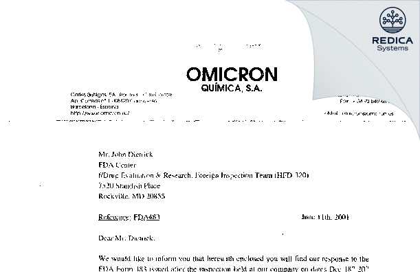 FDA 483 Response - Omicron Quimica, S.A. [Barcelona / Spain] - Download PDF - Redica Systems