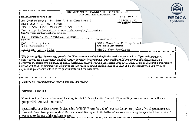 FDA 483 - Quint T Egg Farm [Halifax / United States of America] - Download PDF - Redica Systems