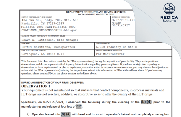 FDA 483 - PETNET SOLUTIONS, INC. [Covington / United States of America] - Download PDF - Redica Systems