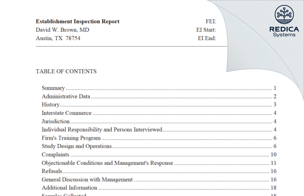 EIR - David W. Brown, MD [Austin / United States of America] - Download PDF - Redica Systems