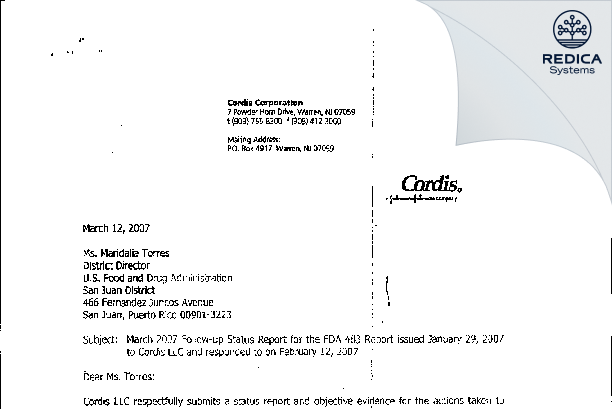 FDA 483 Response - Cordis LLC [San German / United States of America] - Download PDF - Redica Systems