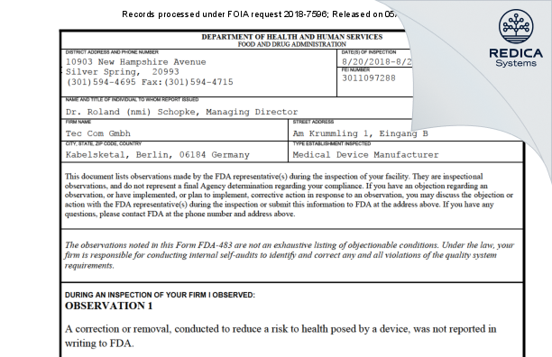 FDA 483 - Tec Com Gmbh [Kabelsketal / Germany] - Download PDF - Redica Systems
