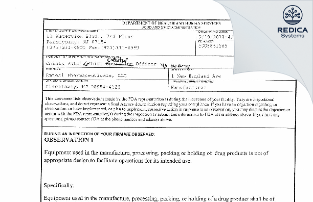 FDA 483 - Amneal Pharmaceuticals LLC [Piscataway / United States of America] - Download PDF - Redica Systems