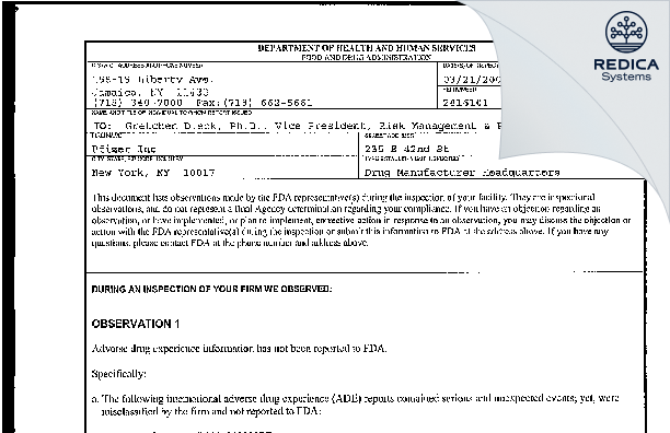 FDA 483 - Pfizer Inc. [New York / United States of America] - Download PDF - Redica Systems