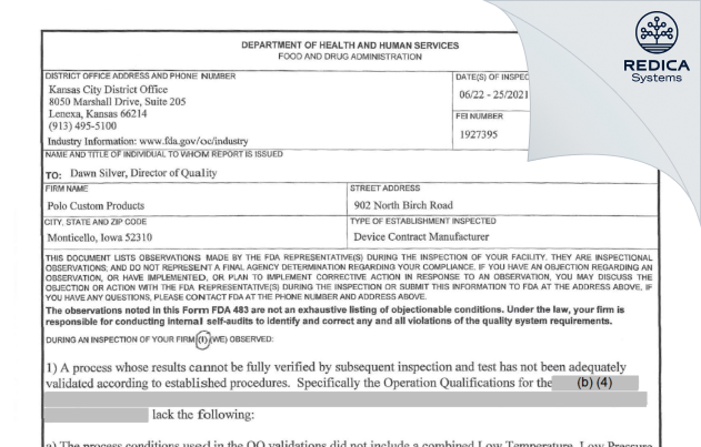 FDA 483 - Polo Custom Products [Monticello / United States of America] - Download PDF - Redica Systems