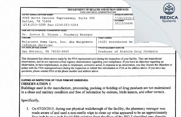 FDA 483 - Option Care [San Antonio / United States of America] - Download PDF - Redica Systems