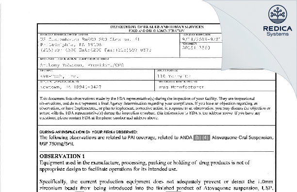 FDA 483 - KVK-TECH, INC. [Newtown Pennsylvania / United States of America] - Download PDF - Redica Systems