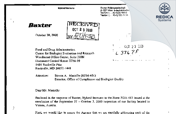FDA 483 Response - Baxter AG [Vienna / Austria] - Download PDF - Redica Systems