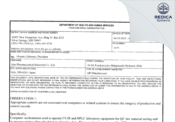 FDA 483 - Alps Pharmaceutical Ind. Co., Ltd. [Hida-Shi / Japan] - Download PDF - Redica Systems