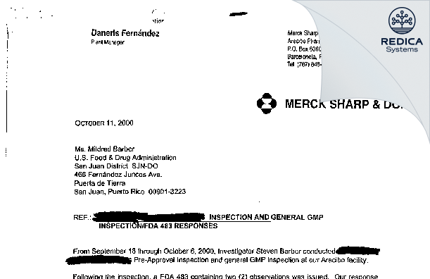 FDA 483 Response - MSD International GMBH Puerto Rico Branch LLC [Arecibo / United States of America] - Download PDF - Redica Systems