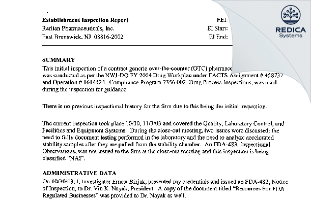 EIR - RARITAN PHARMACEUTICALS INCORPORATED [Jersey / United States of America] - Download PDF - Redica Systems