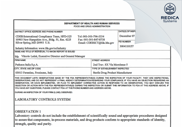 FDA 483 - Patheon Italia S.p.A [Italy / Italy] - Download PDF - Redica Systems