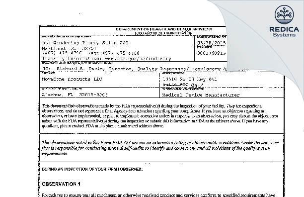 FDA 483 - NovaBone Products LLC [Alachua / United States of America] - Download PDF - Redica Systems