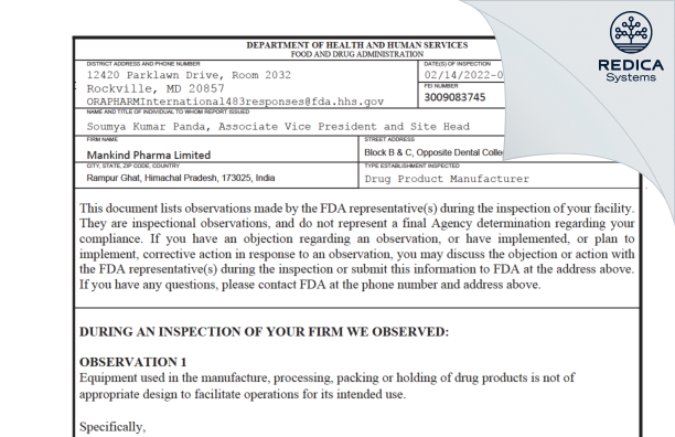 FDA 483 - Mankind Pharma Limited [Paonta Sahib / India] - Download PDF - Redica Systems