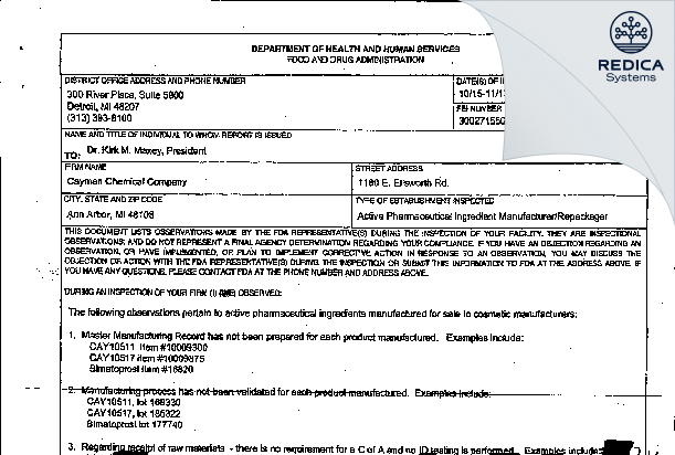 FDA 483 - Cayman Chemical Company, Inc. [Ann Arbor Michigan / United States of America] - Download PDF - Redica Systems