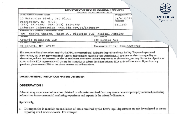 FDA 483 - Actavis Elizabeth LLC [Elizabeth / United States of America] - Download PDF - Redica Systems